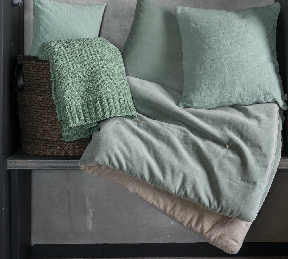 green velvet throw with beige cotton reverse