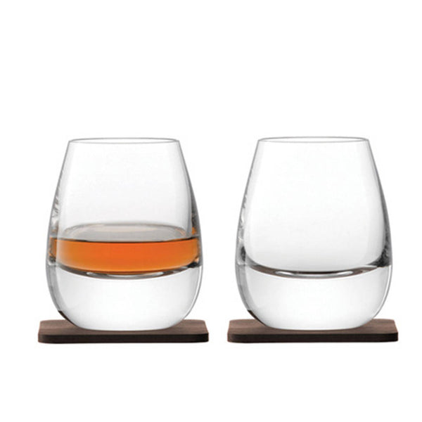 Islay whisky glasses with walnut coasters