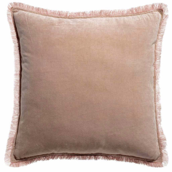 Pink velvet cushion with fringe edges