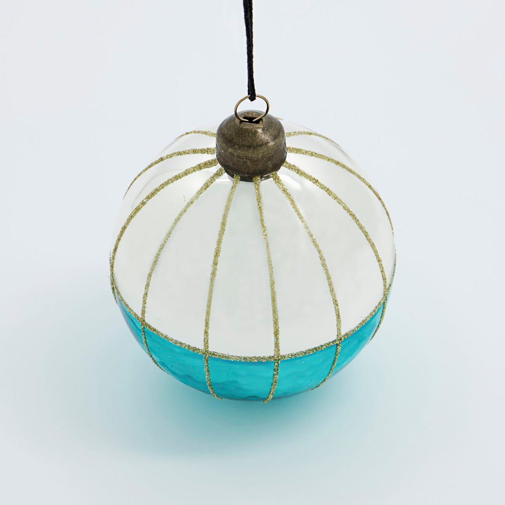 turquoise and silver glass Christmas bauble with gold glitter detail by House Doctor 